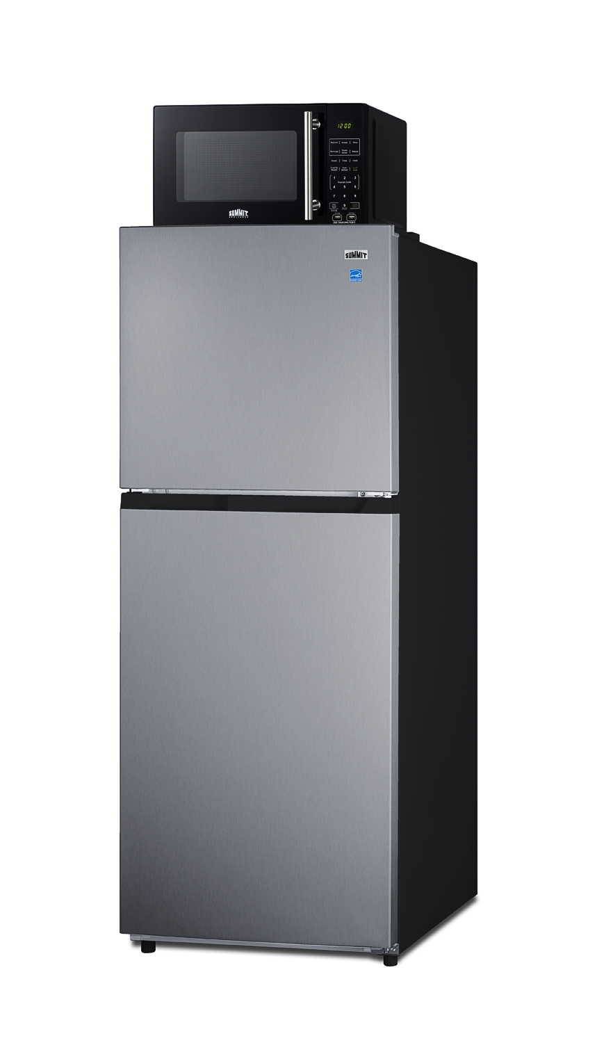 Frost-free 10.1 cu.ft. refrigerator-freezer and compact microwave in black with allocator and USB ports for 1-plug operation; ships in three boxes on one pallet
